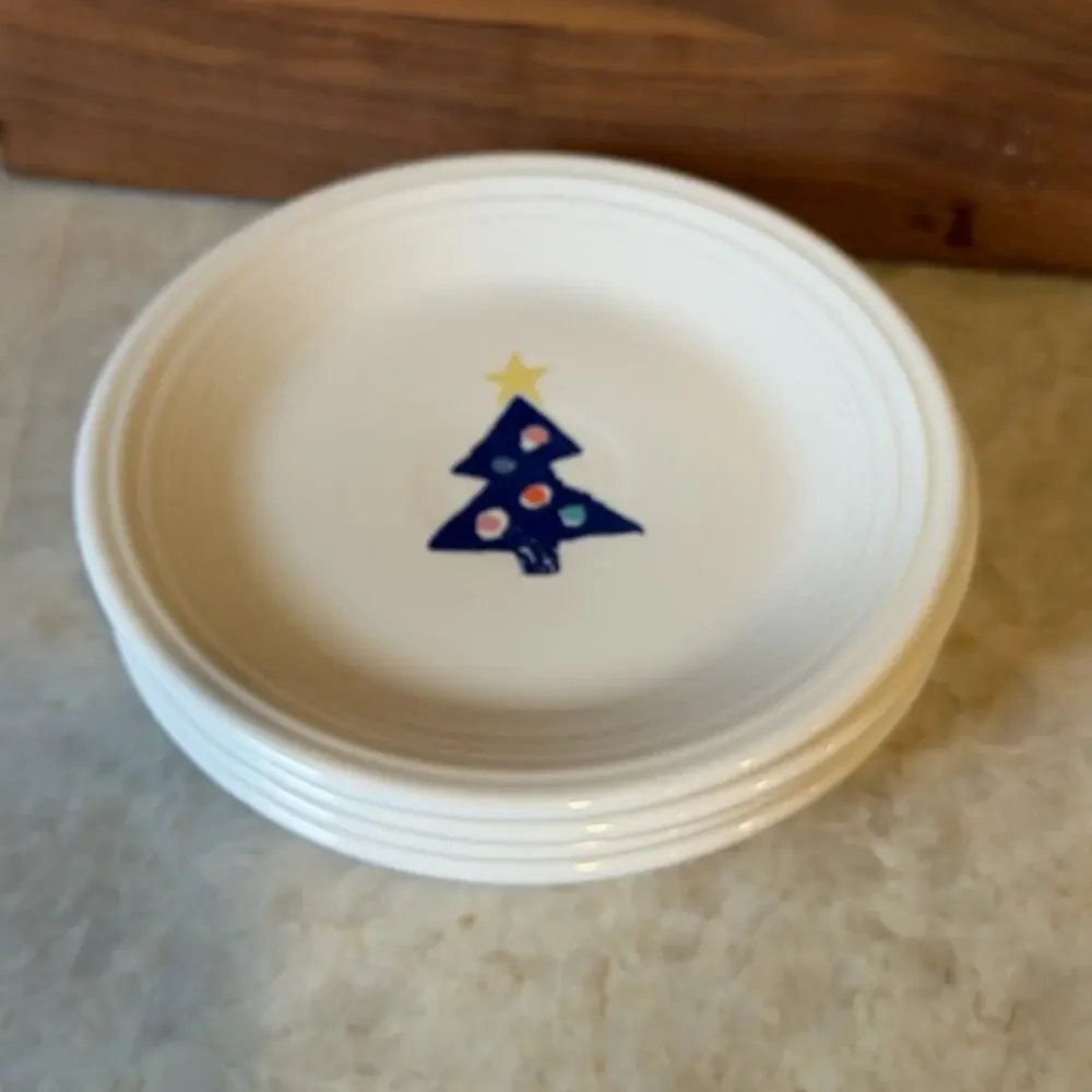Vintage Fiesta White Plates with Blue Christmas Tree Design 1998- Set of 4